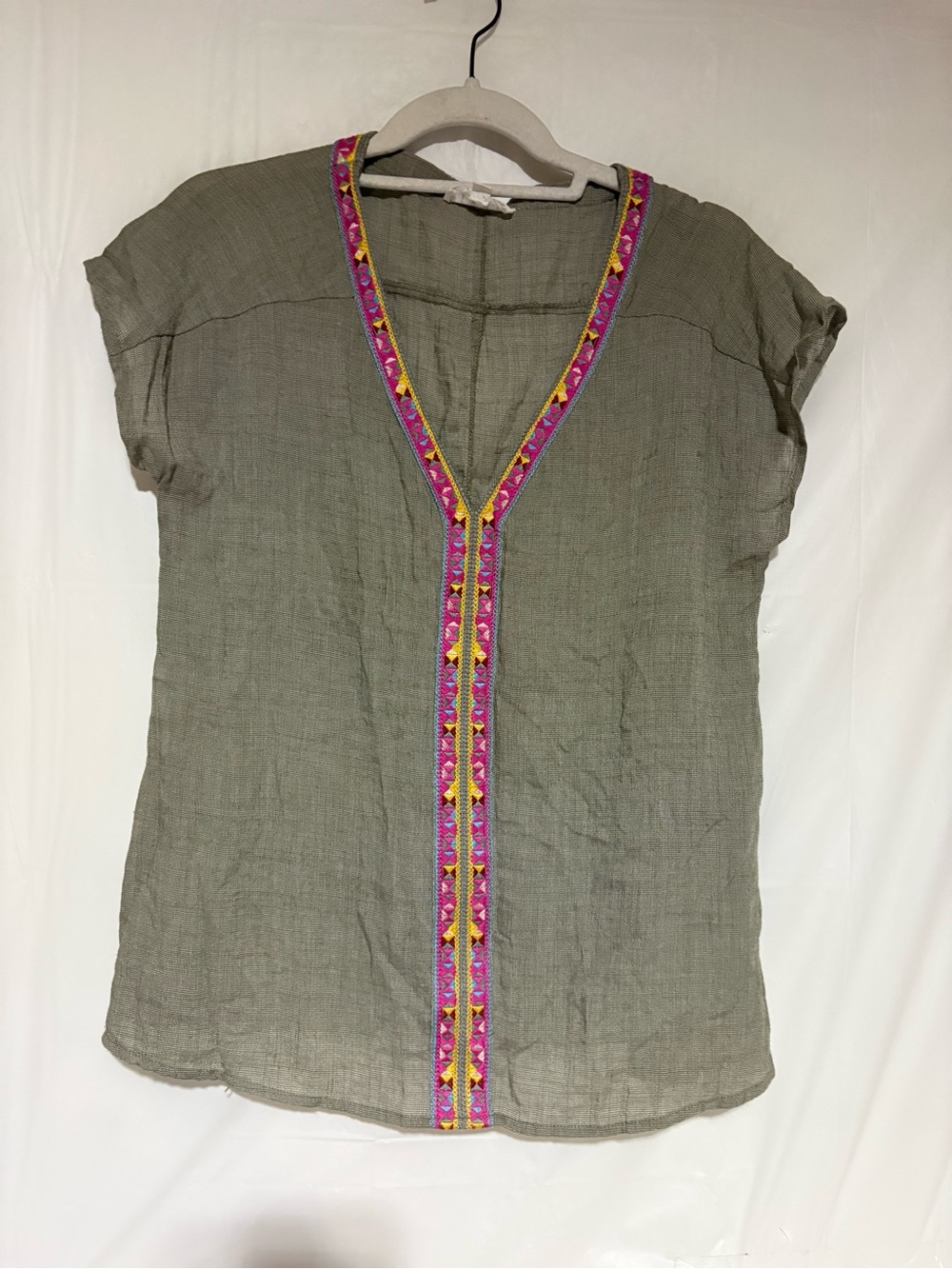 THML Olive Green V-Neck Tunic with Pink & Yellow Embroidery